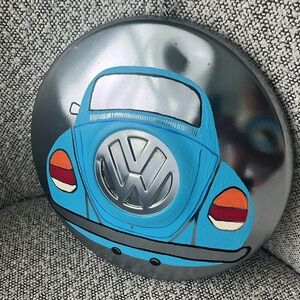 Hand painted retro blue VW Volkswagen back of bug beetle car hubcap wall decor